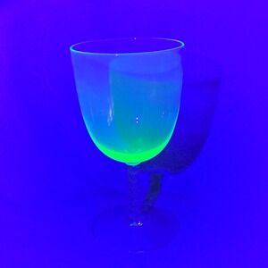 Vintage Uranium Glass Wine Goblet Teal Green Optic Bowl Twisted Clear Stem UV